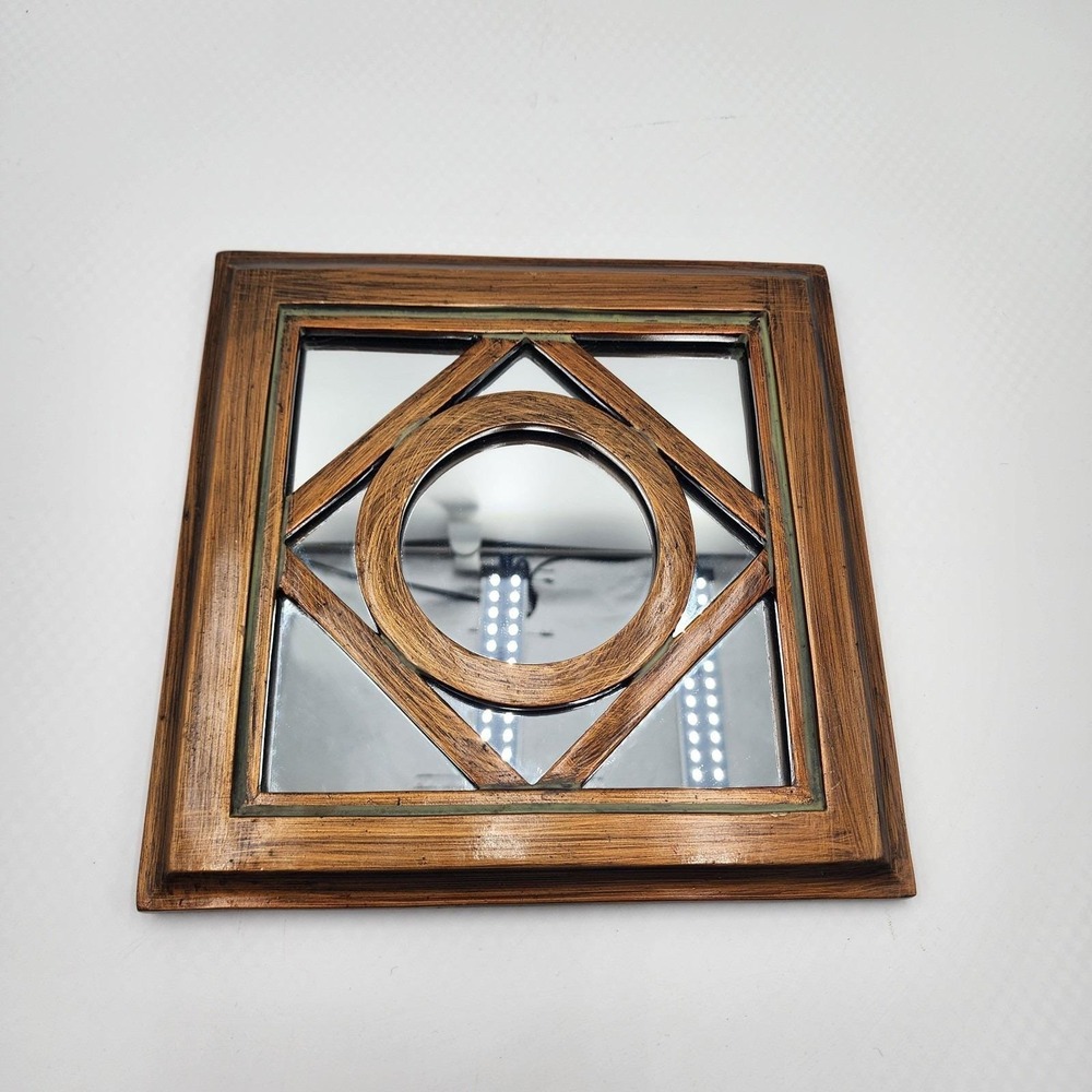 Vintage 70s Brass Tone Wall Mirror Geometric Layered Modernist Accent Decor 10"